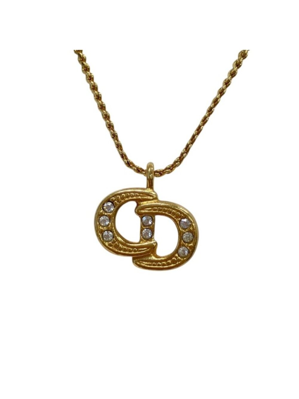 Dior Vintage CD Logo Rhinestone Necklace Gold Colored